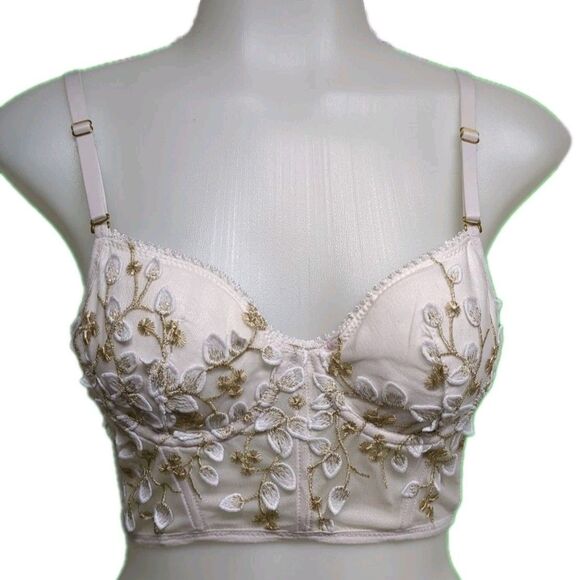 Corset White & Gold Leaves Botanicals Bra Medium Fairycore Padded Whimsy M - Picture 1 of 11